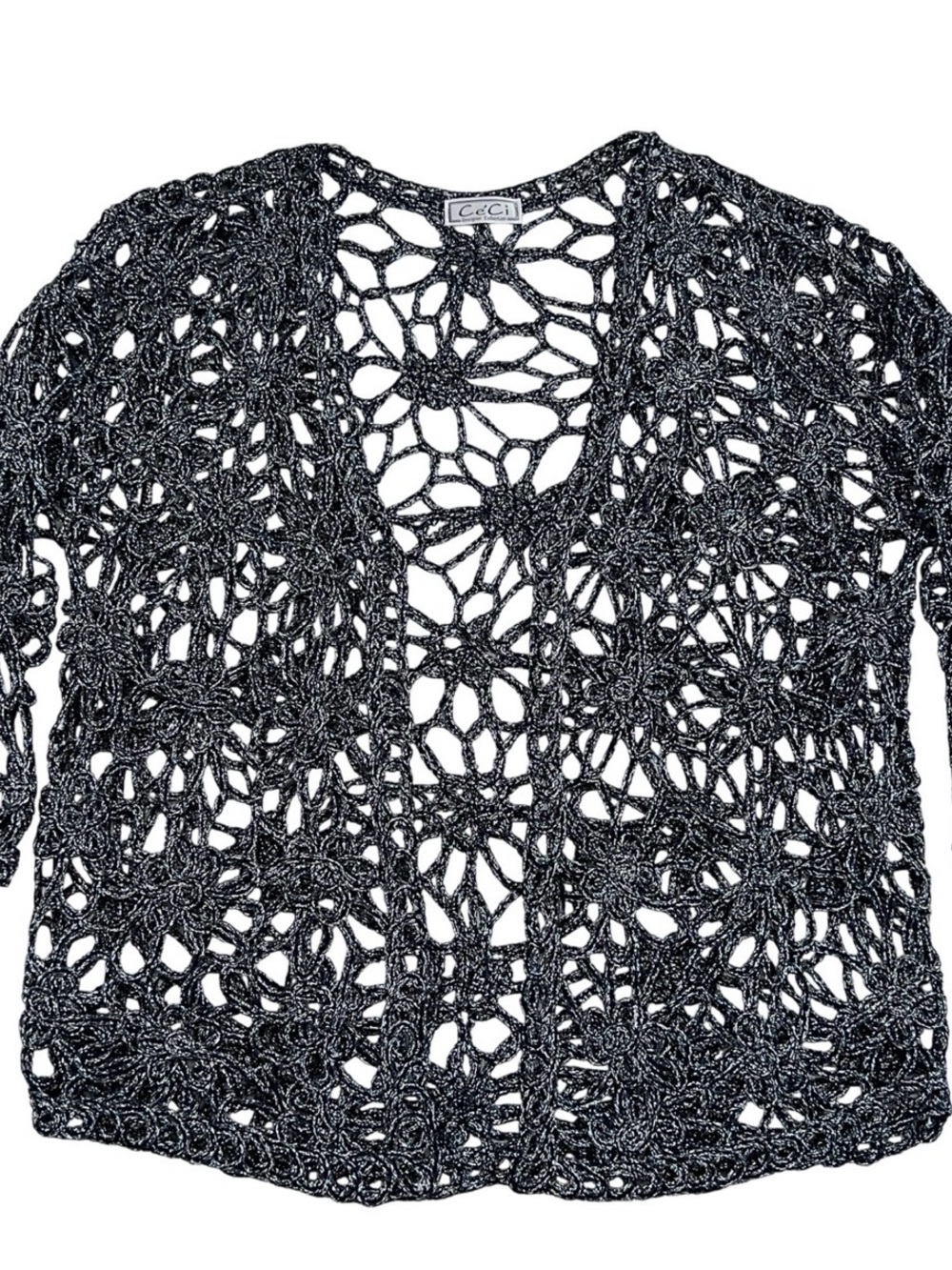 CeCe Designer Openwork Crochet Metallic Black Cardigan Sweater/Shrug